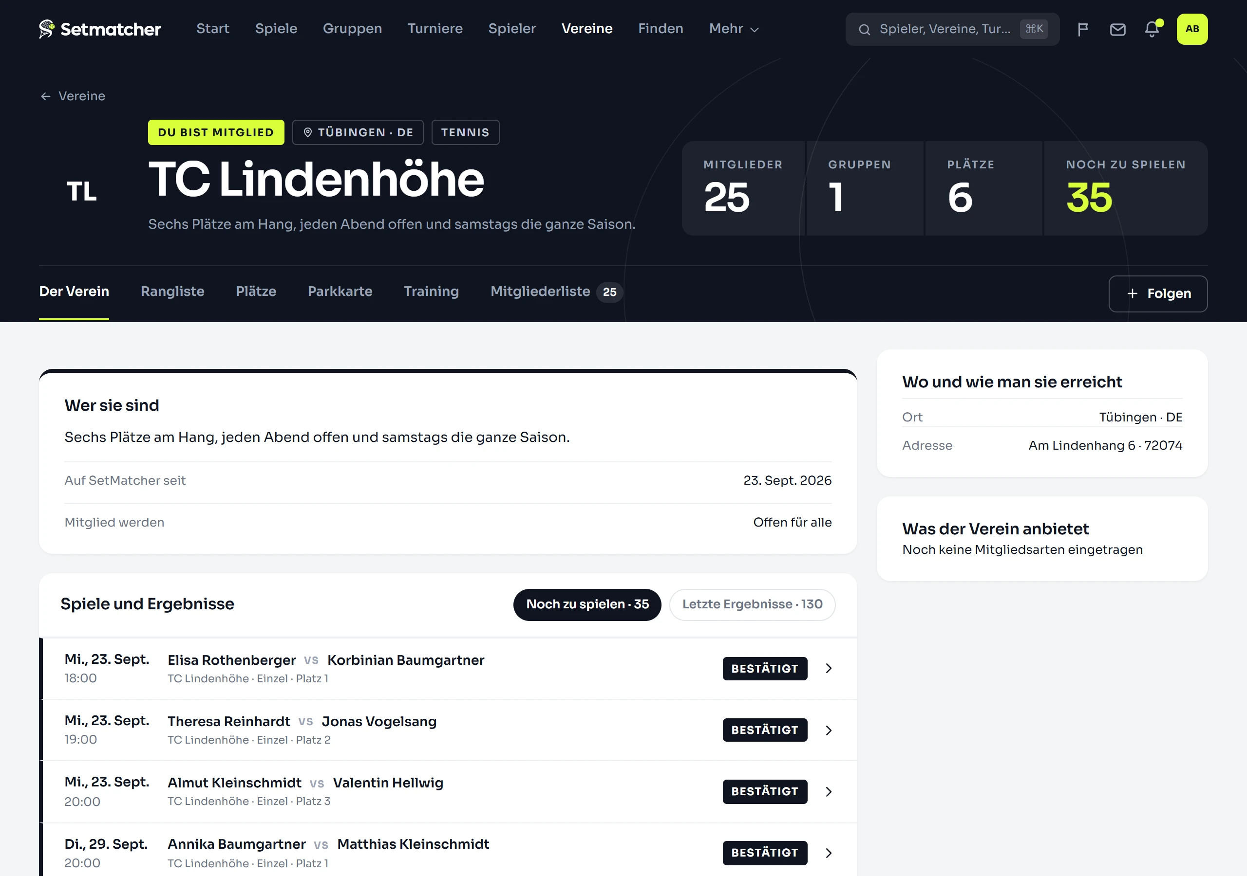 Die Übersicht eines Vereins, wie ein Mitglied sie sieht: Mitglieder, Gruppen, Plätze und offene Spiele im Kopf, die nächsten Schritte für den Vorstand, und die Begegnungen und Ergebnisse dieser Woche über alle Gruppen des Vereins.