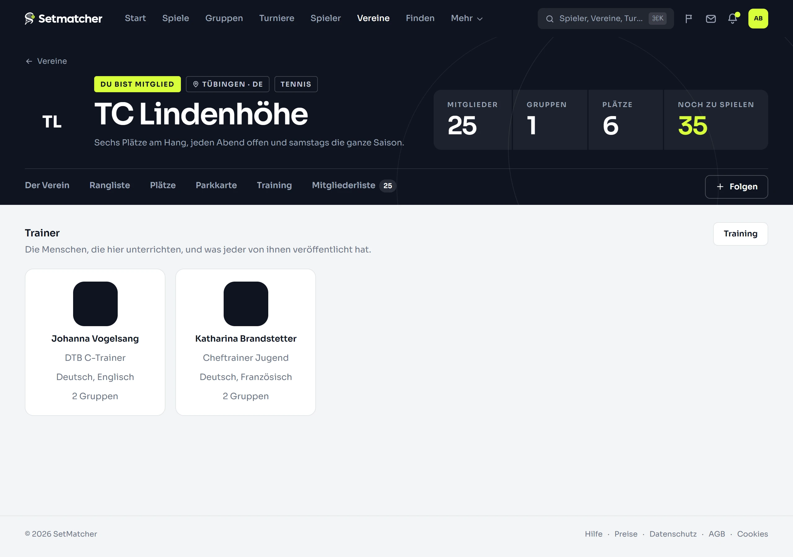 Die Trainerseite eines Vereins: die veröffentlichten Trainer mit Foto, Schlagzeile, Sprachen und den Gruppen, die sie leiten.
