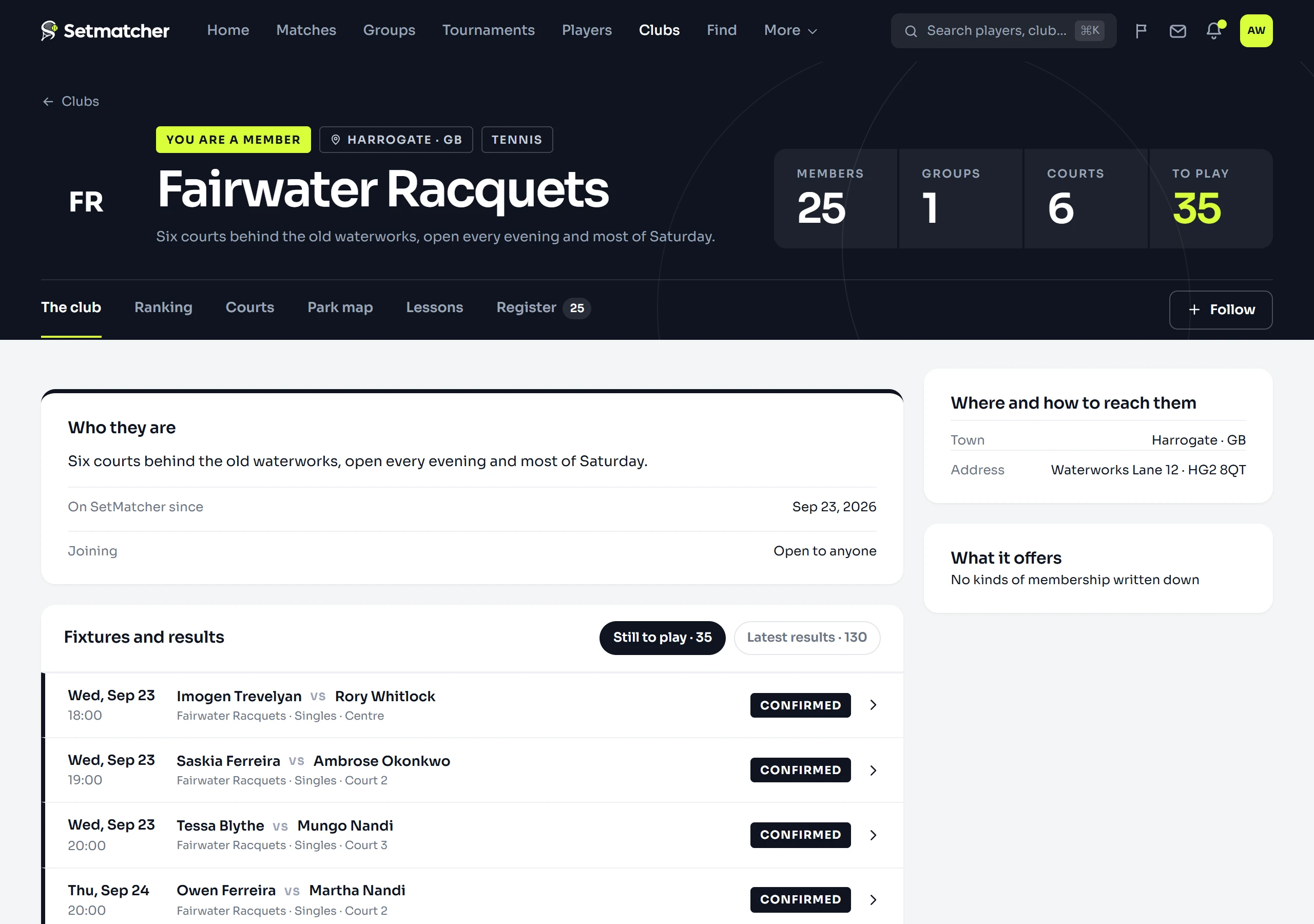 A club’s overview as a member sees it: members, groups, courts and matches to play in the header, the committee’s next steps, and this week’s fixtures and results across the club’s groups.