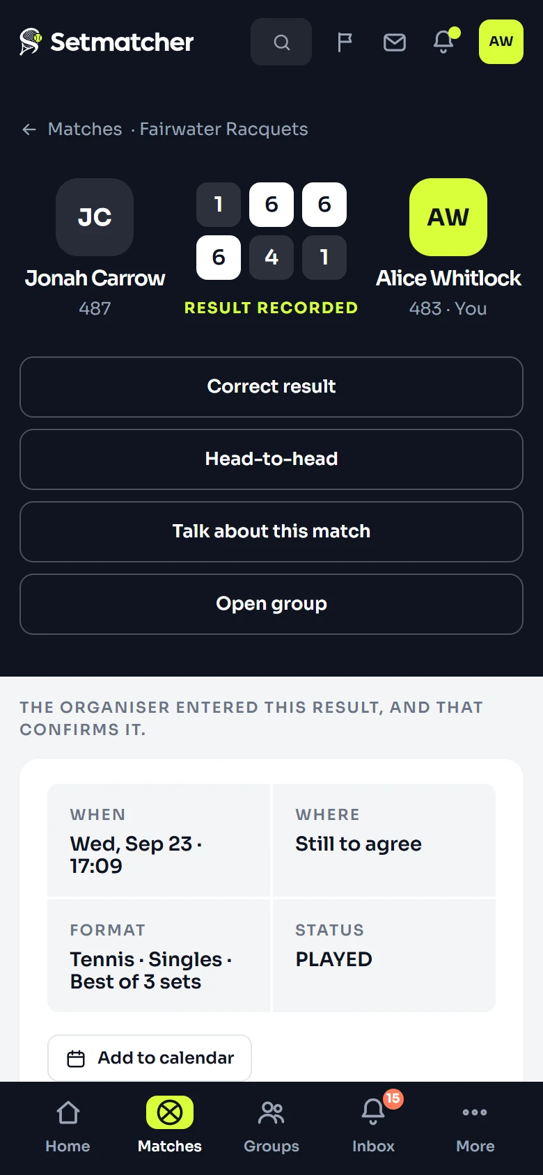 A played match on a phone: the set scores of both players, the result recorded against it, and what can still be done about it.