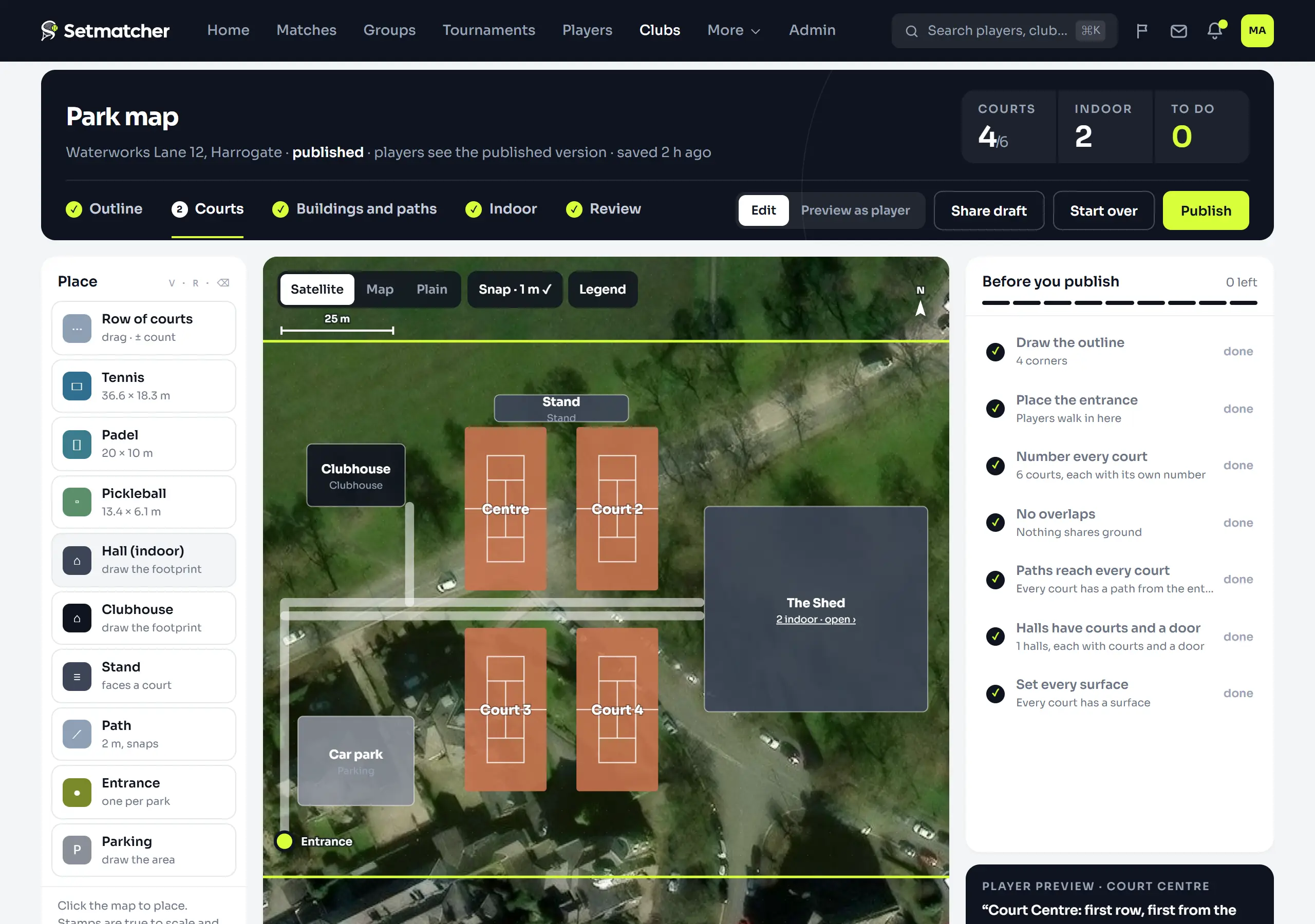 The park map builder on its courts stage: four numbered tennis courts drawn to scale on the aerial photograph, the clubhouse, the car park, the paths, the entrance and the hall.