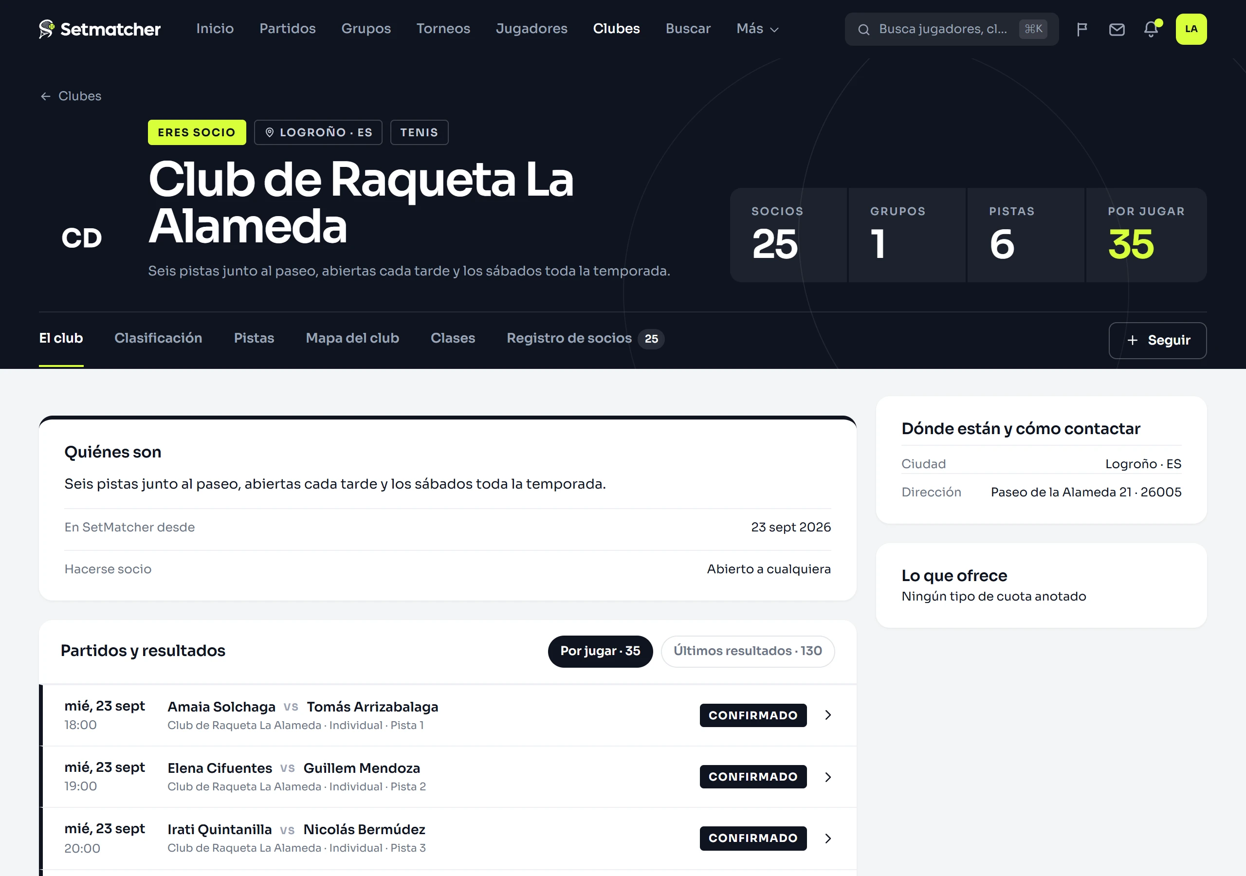 El resumen de un club tal como lo ve un socio: socios, grupos, pistas y partidos por jugar en la cabecera, los siguientes pasos para la junta, y los partidos y resultados de esta semana en todos los grupos del club.