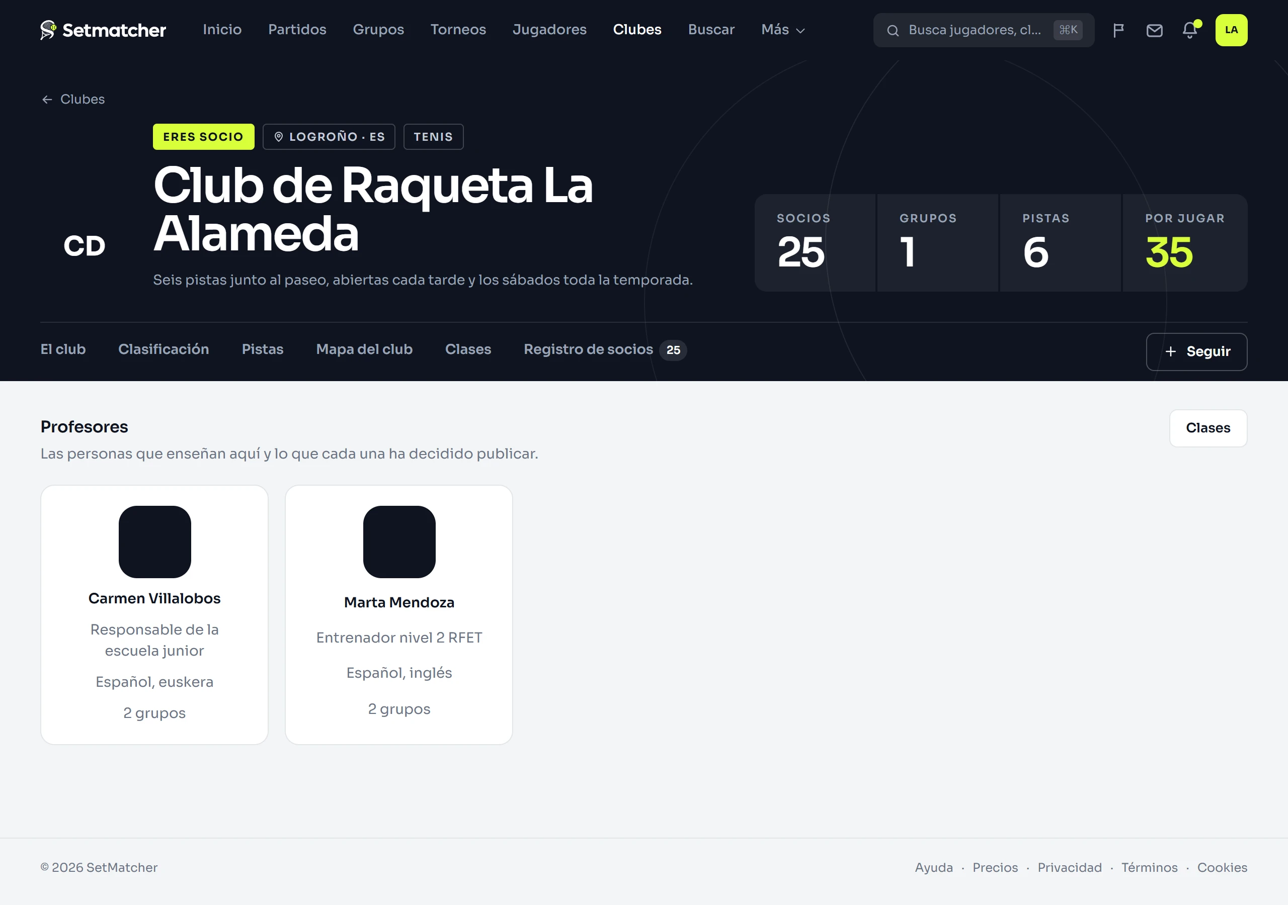 La página de profesores de un club: los profesores publicados con su foto, su titular, sus idiomas y los grupos que dan.
