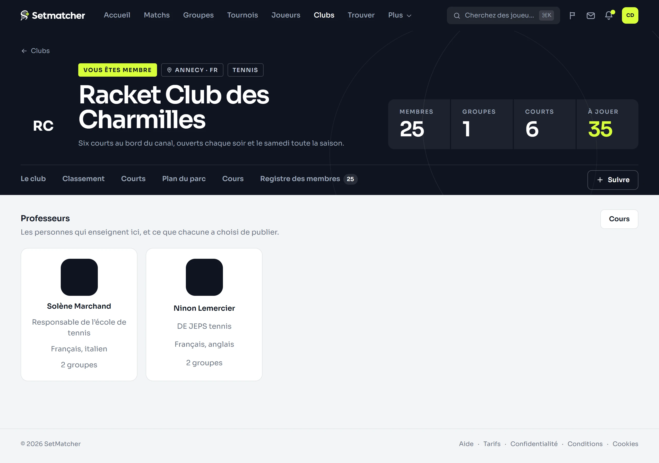 La page des entraîneurs d’un club : les entraîneurs publiés avec leur photo, leur accroche, leurs langues et les groupes qu’ils encadrent.